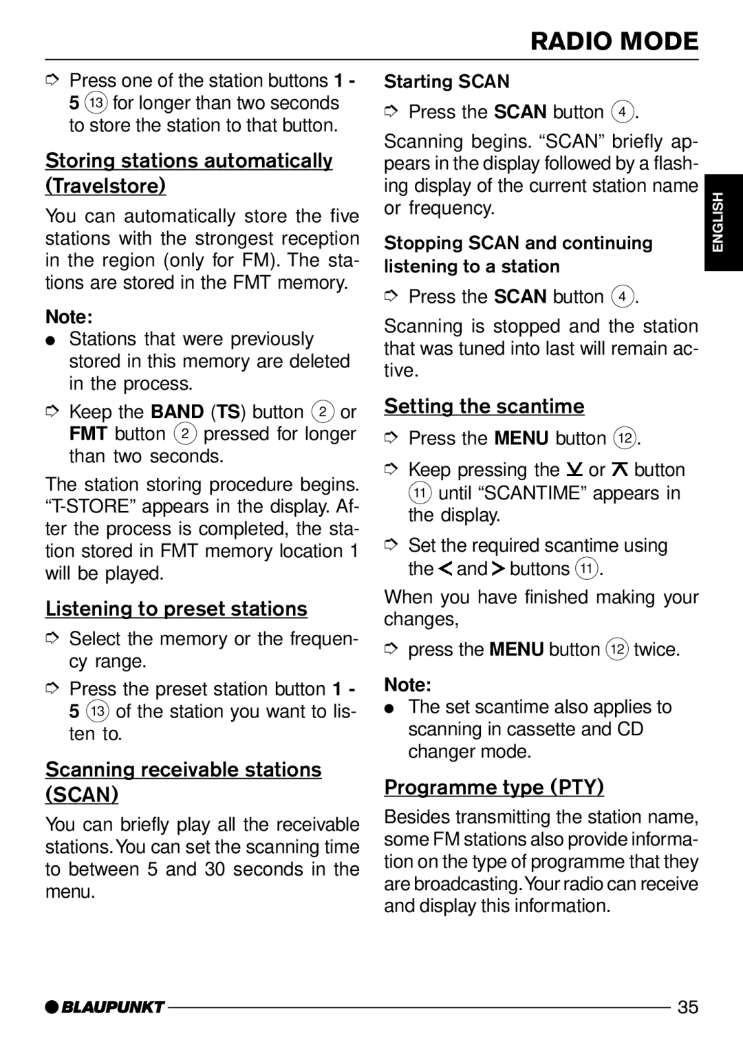 Blaupunkt Canberra C31 Storing stations automatically Travelstore, Listening to preset stations, Setting the scantime 