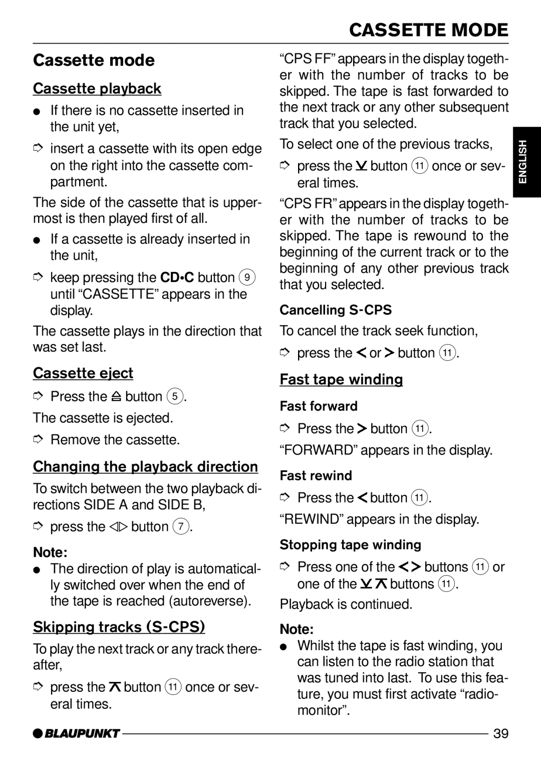 Blaupunkt Canberra C31, Las Vegas DJ31, Freiburg C31, San Diego DJ31 operating instructions Cassette Mode, Cassette mode 