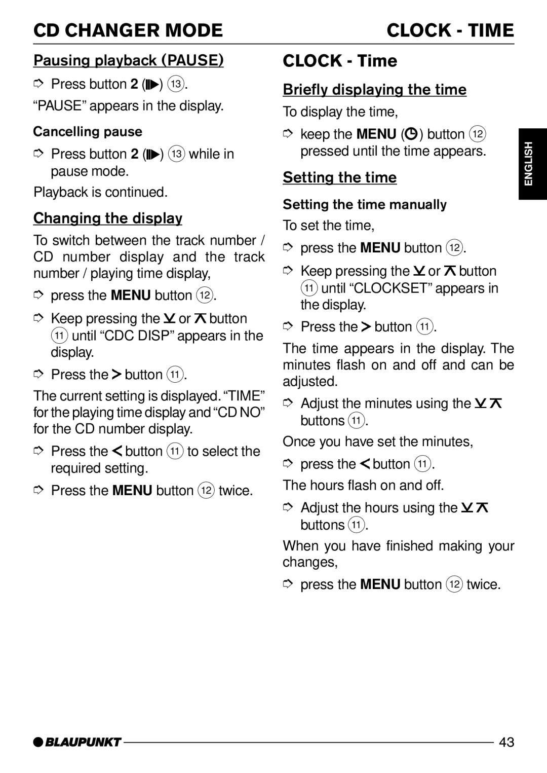 Blaupunkt Canberra C31 CD Changer Mode Clock Time, Changing the display, Briefly displaying the time, Setting the time 