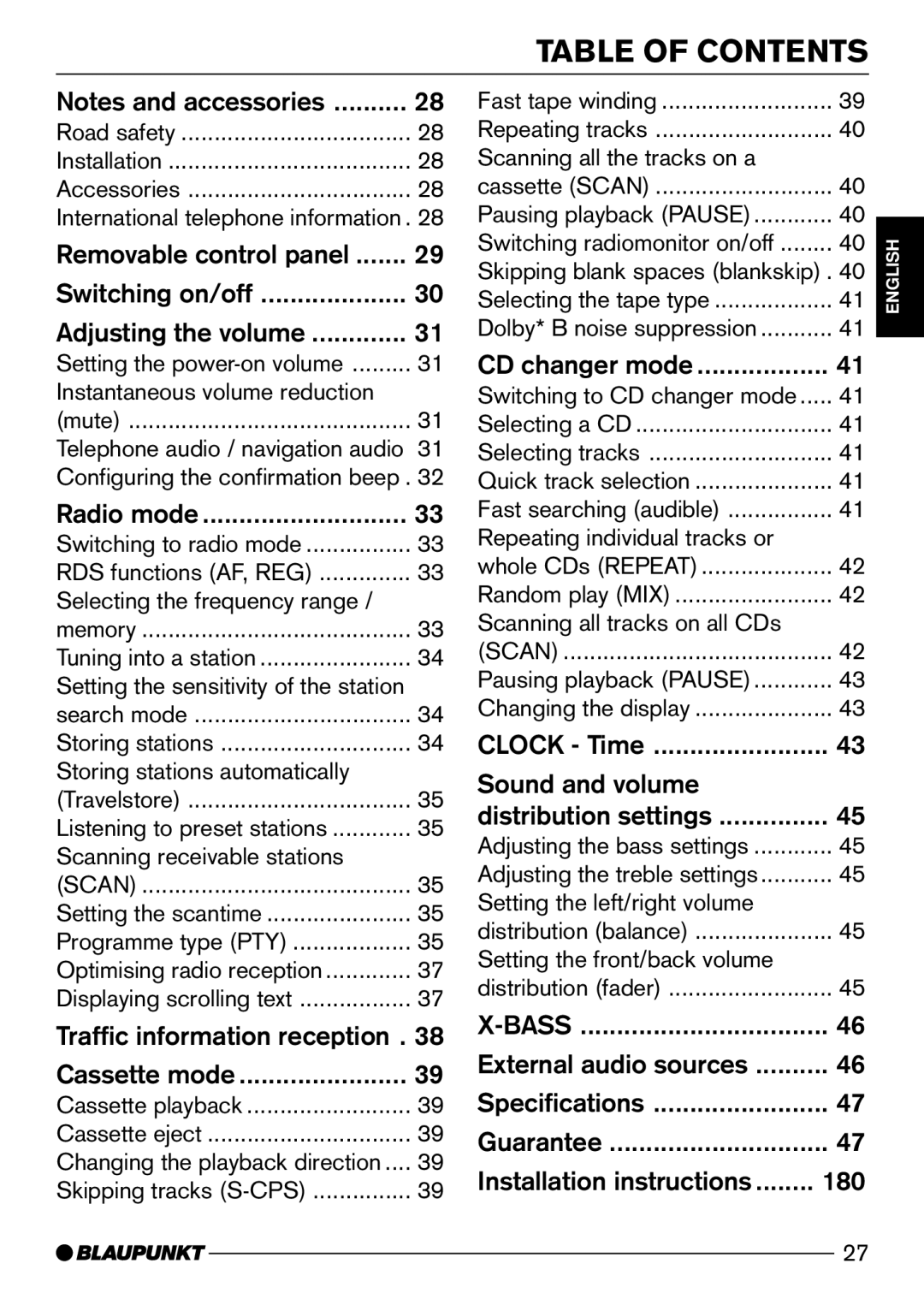 Blaupunkt Canberra C31, Las Vegas DJ31, Freiburg C31, San Diego DJ31 operating instructions Table of Contents 