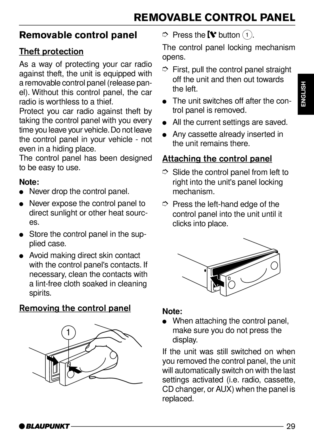 Blaupunkt Freiburg C31 Removable Control Panel, Removable control panel, Theft protection, Removing the control panel 