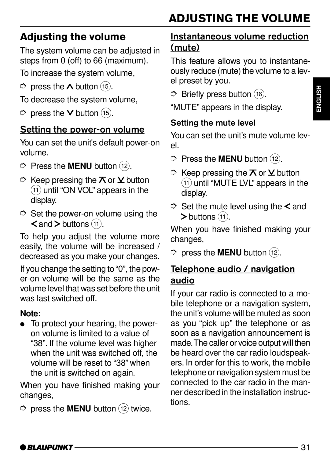 Blaupunkt Canberra C31, Las Vegas DJ31 Adjusting the Volume, Adjusting the volume, Setting the power-on volume 