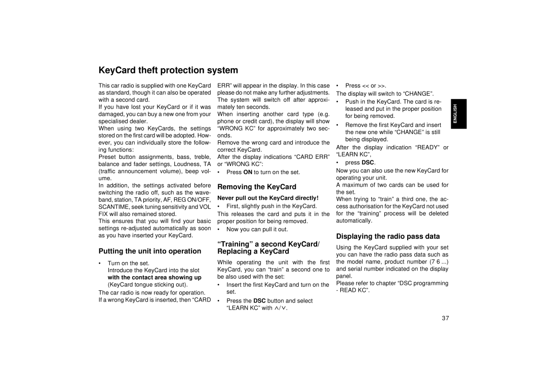 Blaupunkt Car CD Changer KeyCard theft protection system, Removing the KeyCard, Displaying the radio pass data 