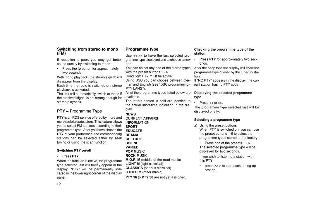 Blaupunkt Car CD Changer operating instructions Switching from stereo to mono FM, Programme type, News 