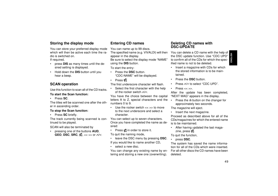 Blaupunkt Car CD Changer Storing the display mode, Scan operation, Entering CD names, Deleting CD names with 