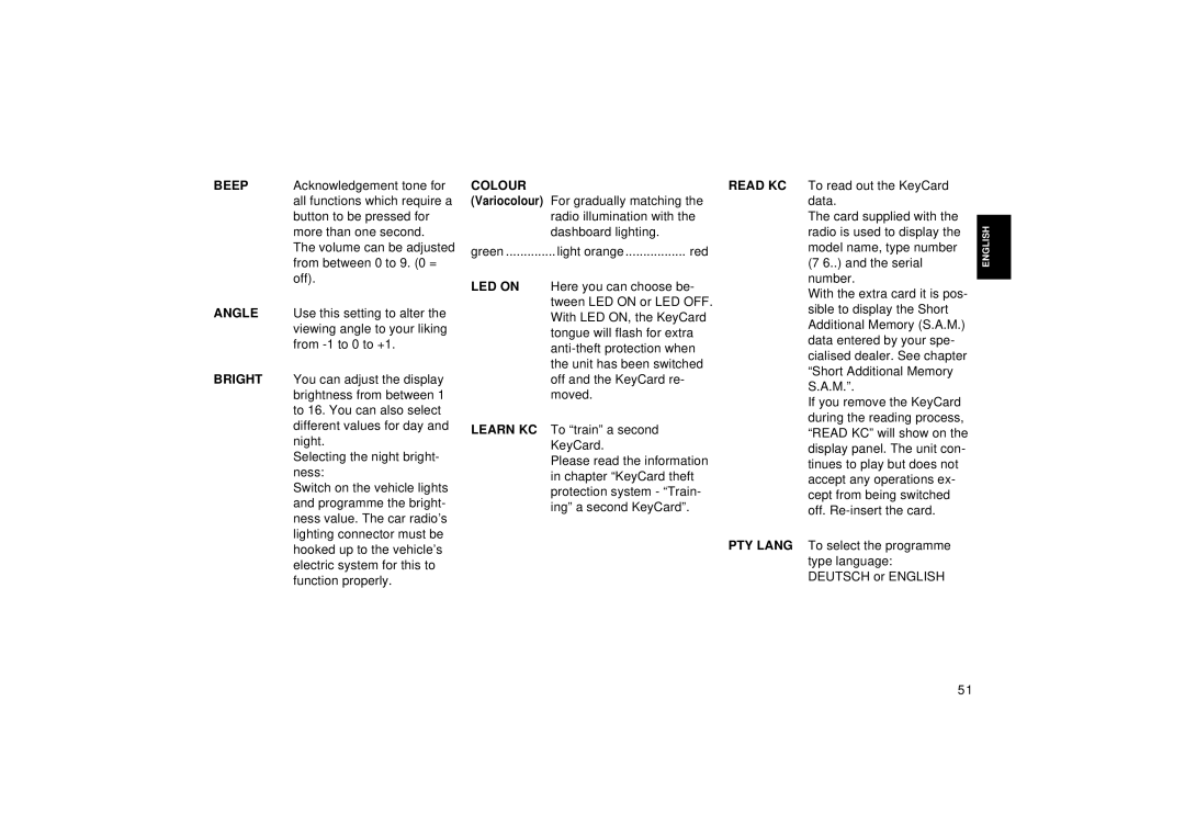 Blaupunkt Car CD Changer operating instructions Colour Read KC, LED on, Learn KC, PTY Lang 