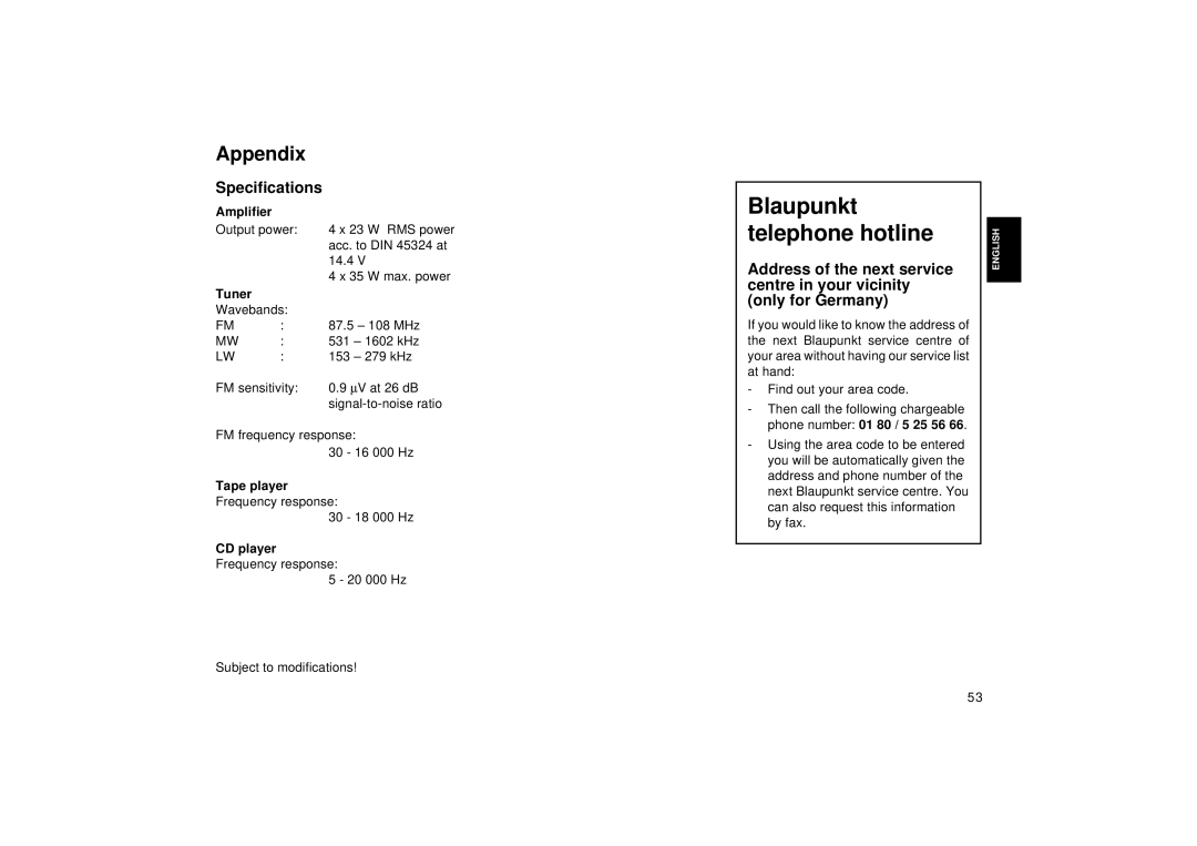 Blaupunkt Car CD Changer operating instructions Appendix, Specifications, Tuner, Tape player, CD player Frequency response 