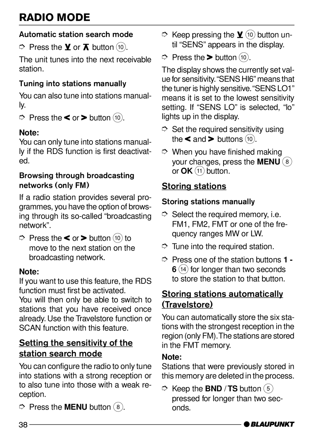 Blaupunkt Casablanca CD51 operating instructions Setting the sensitivity of the station search mode, Storing stations 