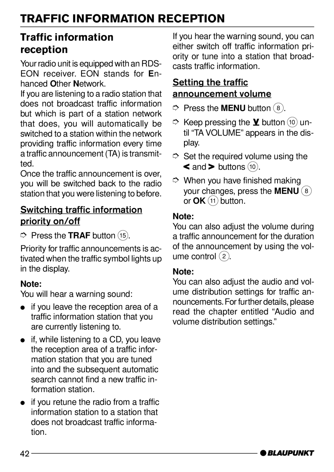 Blaupunkt Casablanca CD51 operating instructions Traffic Information Reception, Traffic information reception 