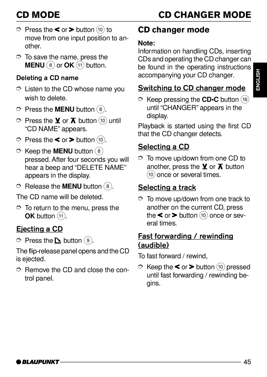 Blaupunkt Casablanca CD51 CD Mode CD Changer Mode, Ejecting a CD, Switching to CD changer mode, Selecting a CD 