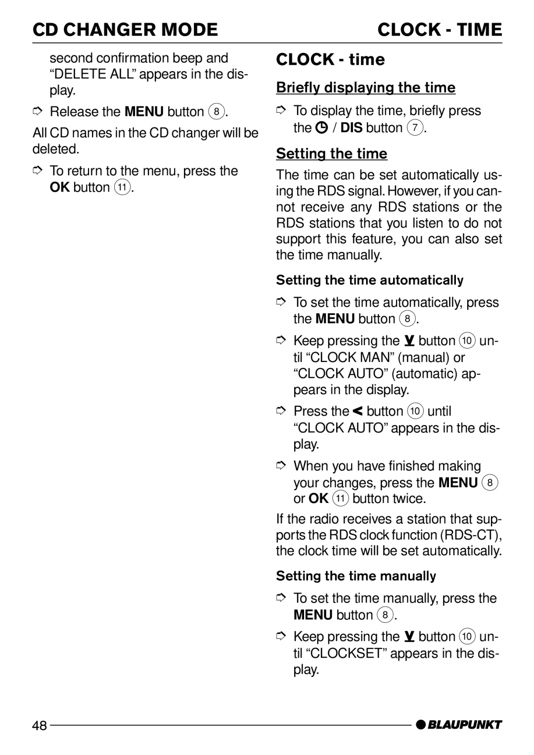 Blaupunkt Casablanca CD51 CD Changer Mode Clock Time, Clock time, Briefly displaying the time, Setting the time 