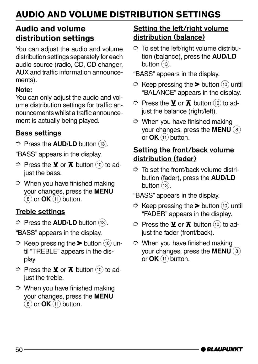 Blaupunkt Casablanca CD51 Audio and Volume Distribution Settings, Audio and volume distribution settings 