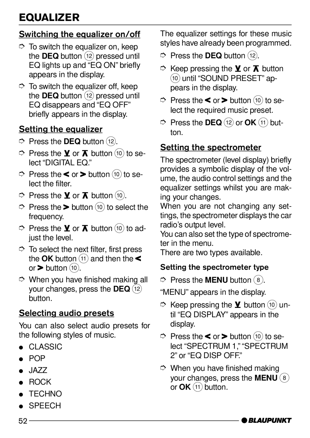 Blaupunkt Casablanca CD51 Switching the equalizer on/off, Setting the equalizer, Selecting audio presets 