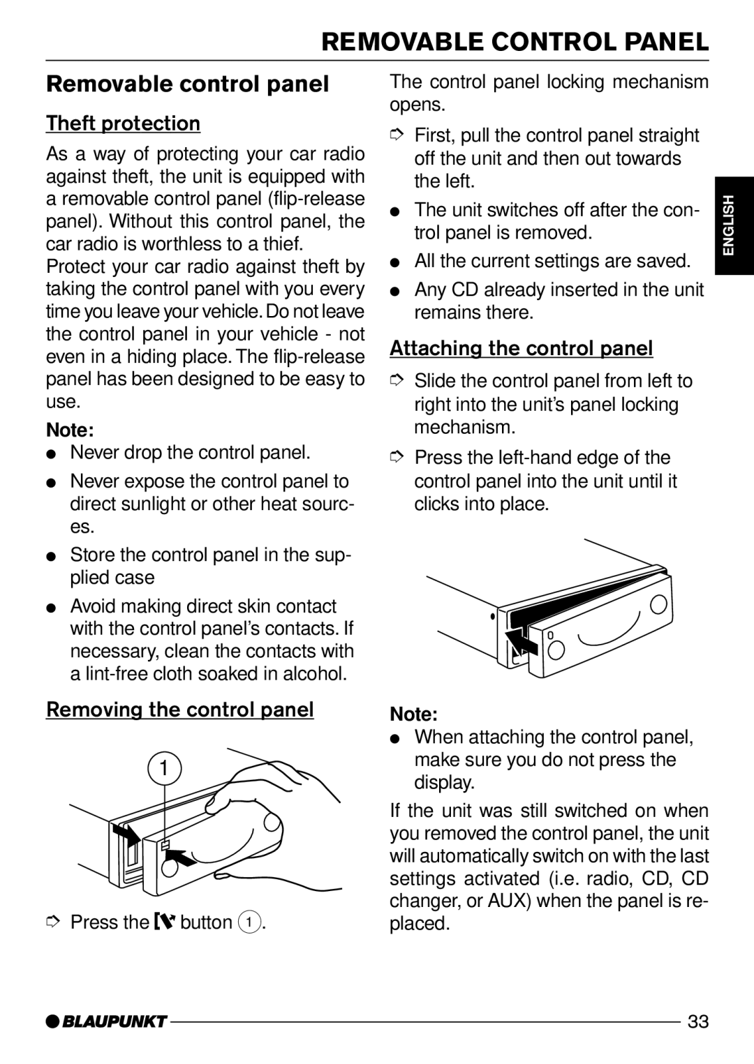 Blaupunkt Casablanca CD51 Removable Control Panel, Removable control panel, Theft protection, Removing the control panel 