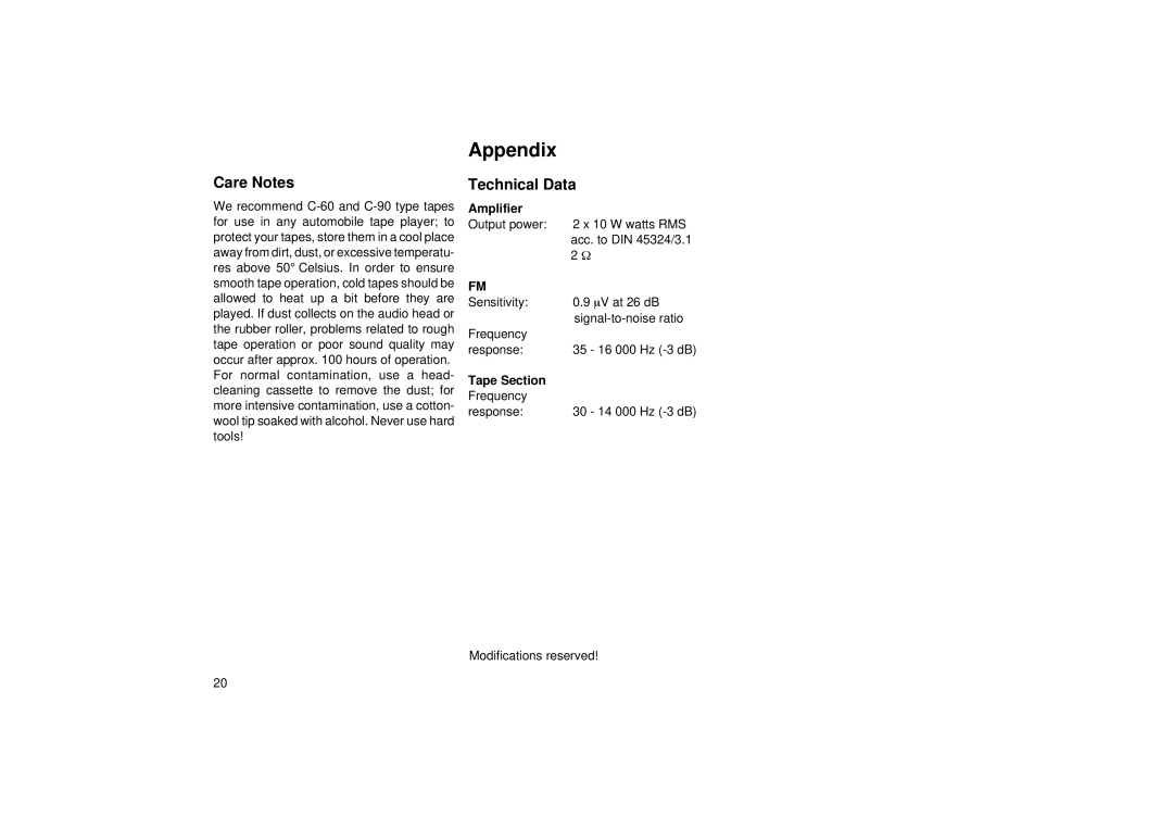 Blaupunkt CC 25 operating instructions Appendix, Care Notes, Technical Data, Amplifier, Tape Section 