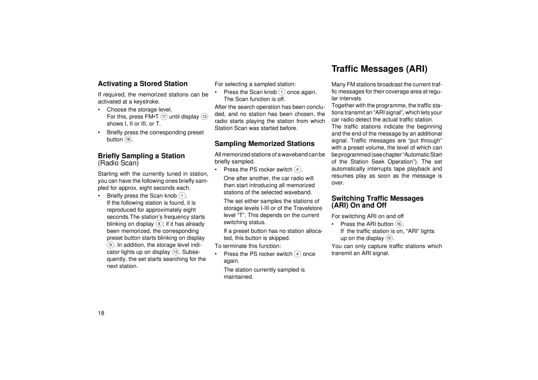 Blaupunkt CC 25 Traffic Messages ARI, Activating a Stored Station, Briefly Sampling a Station, Sampling Memorized Stations 