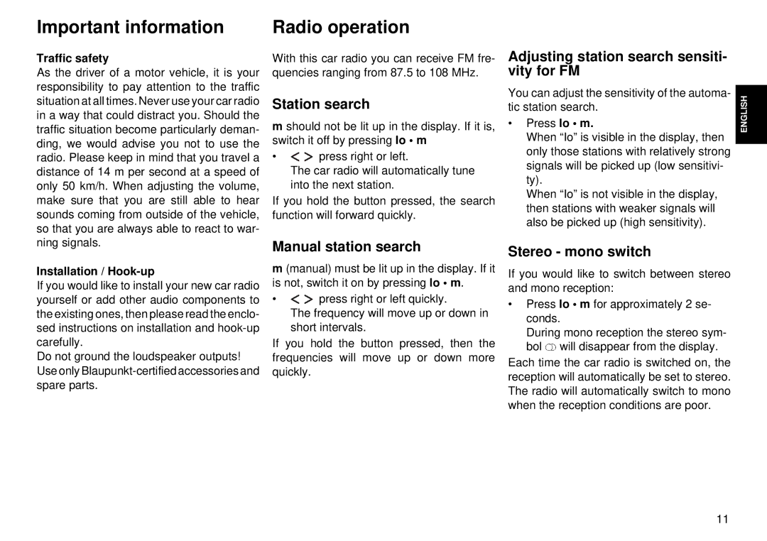 Blaupunkt CC 28 operating instructions Important information, Station search, Manual station search, Stereo mono switch 