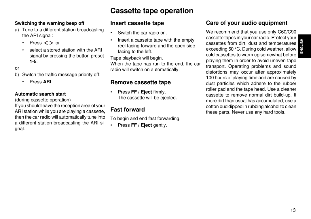 Blaupunkt CC 28 operating instructions Cassette tape operation, Insert cassette tape, Remove cassette tape, Fast forward 