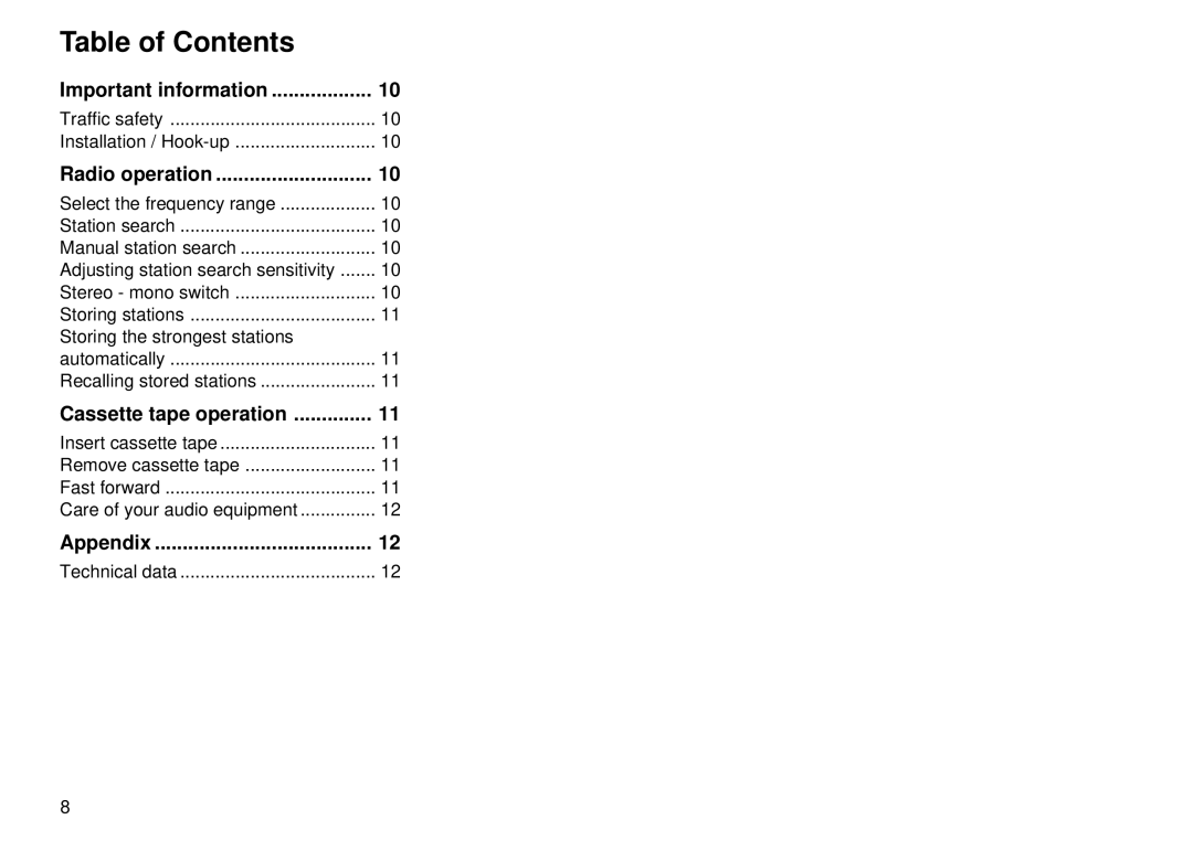 Blaupunkt CC 28 operating instructions Table of Contents 