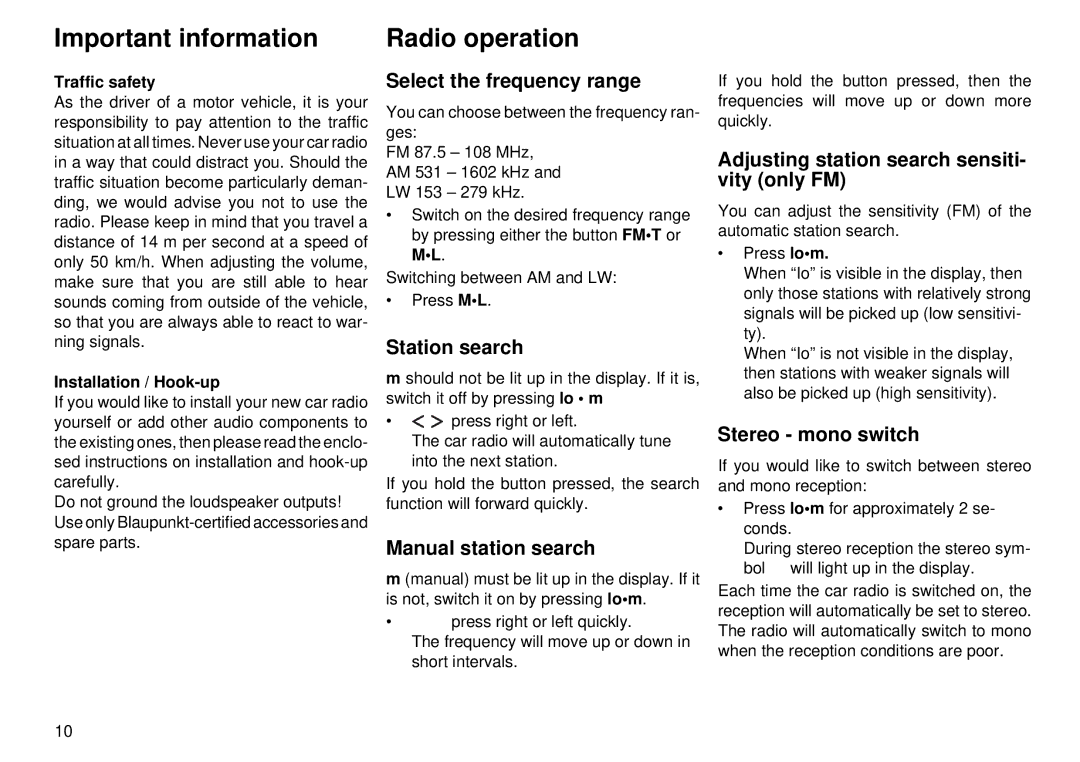 Blaupunkt CC 28 operating instructions Important information 