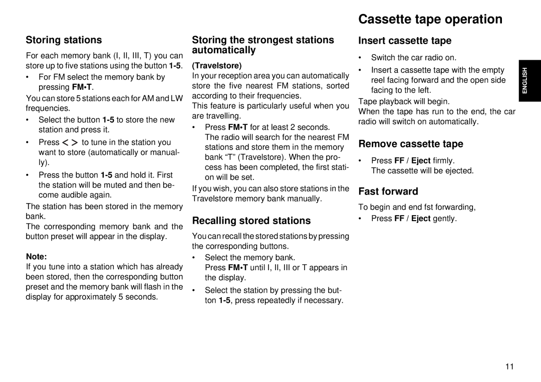 Blaupunkt CC 28 operating instructions Cassette tape operation 