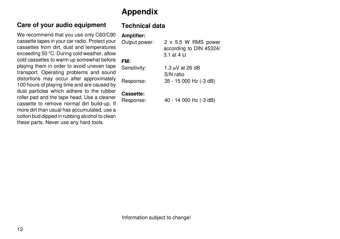 Blaupunkt CC 28 operating instructions Appendix, Care of your audio equipment, Technical data, Amplifier, Cassette 