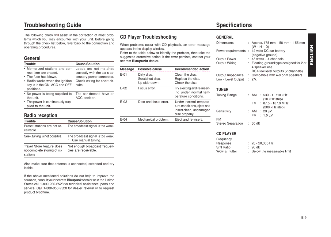 Blaupunkt CD 2001 manual Troubleshooting Guide Specifications, General, CD Player Troubleshooting, Radio reception 