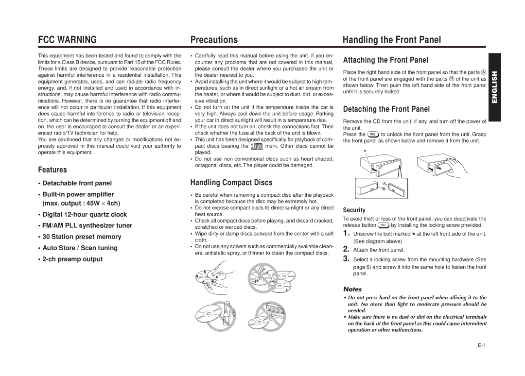 Blaupunkt CD 2001 manual Precautions Handling the Front Panel, Features Detachable front panel, Handling Compact Discs 