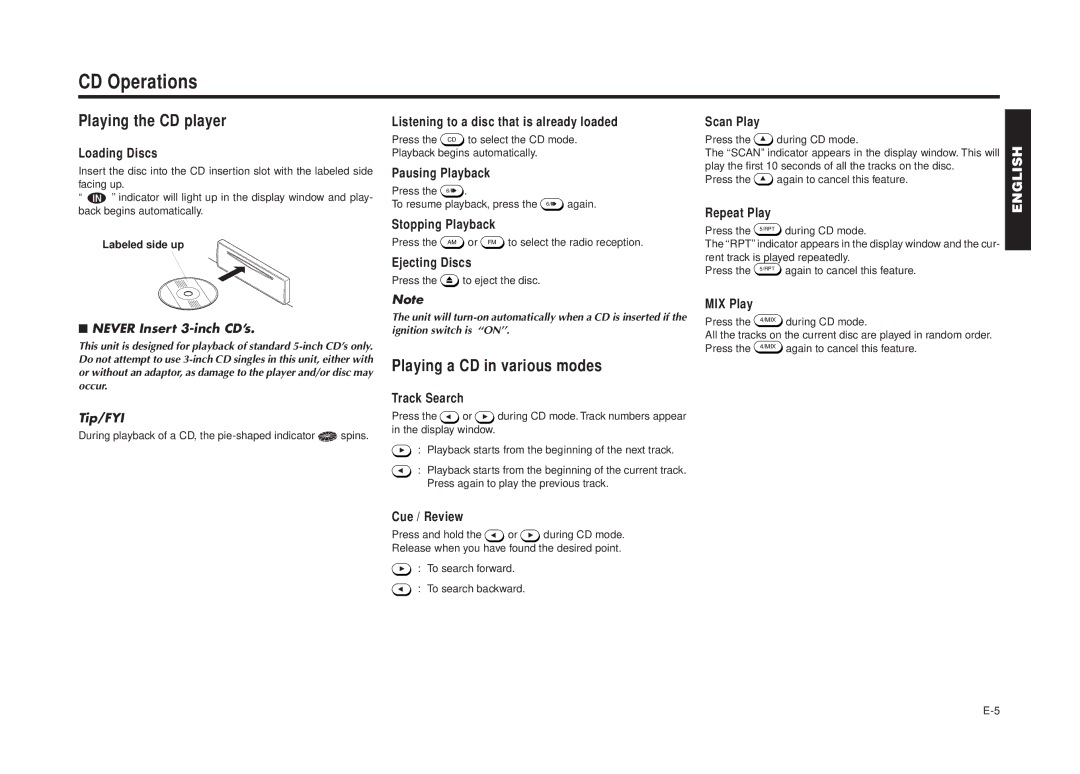 Blaupunkt CD 2001 CD Operations, Playing the CD player, Playing a CD in various modes, Never Insert 3-inch CD’s, Tip/FYI 