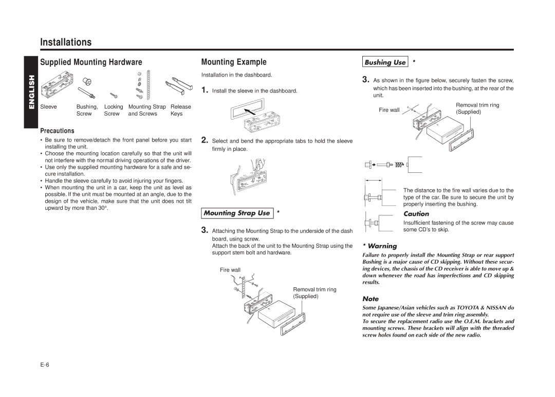 Blaupunkt CD 2001 manual Installations, Supplied Mounting Hardware, Mounting Example, Mounting Strap Use, Bushing Use 