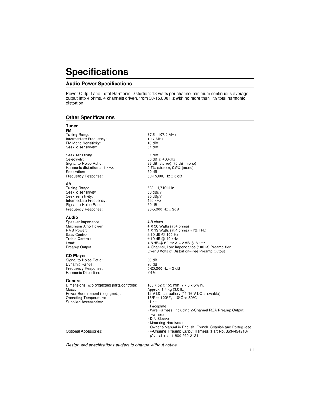 Blaupunkt CD127 manual Audio Power Specifications, Other Specifications 