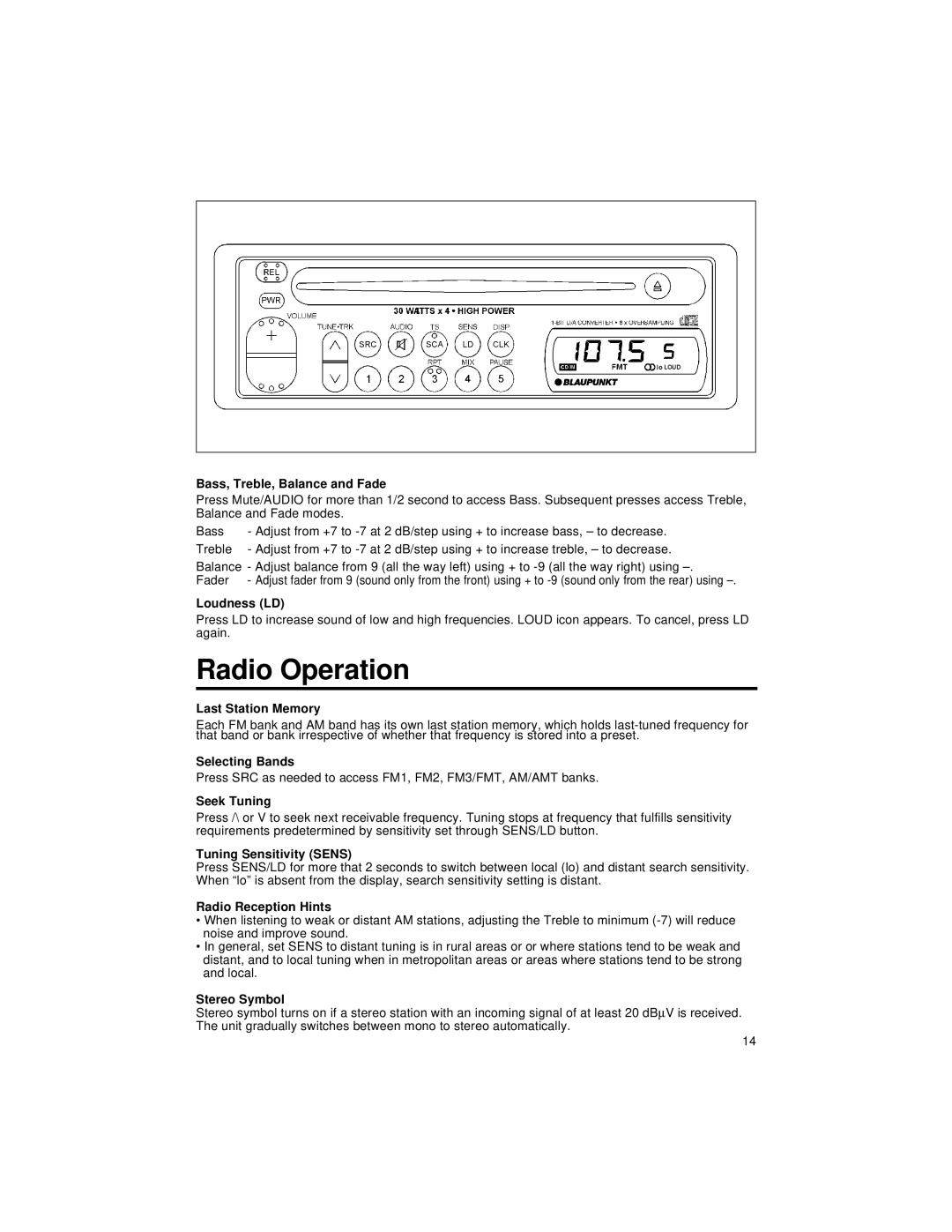 Blaupunkt CD127 manual Radio Operation 