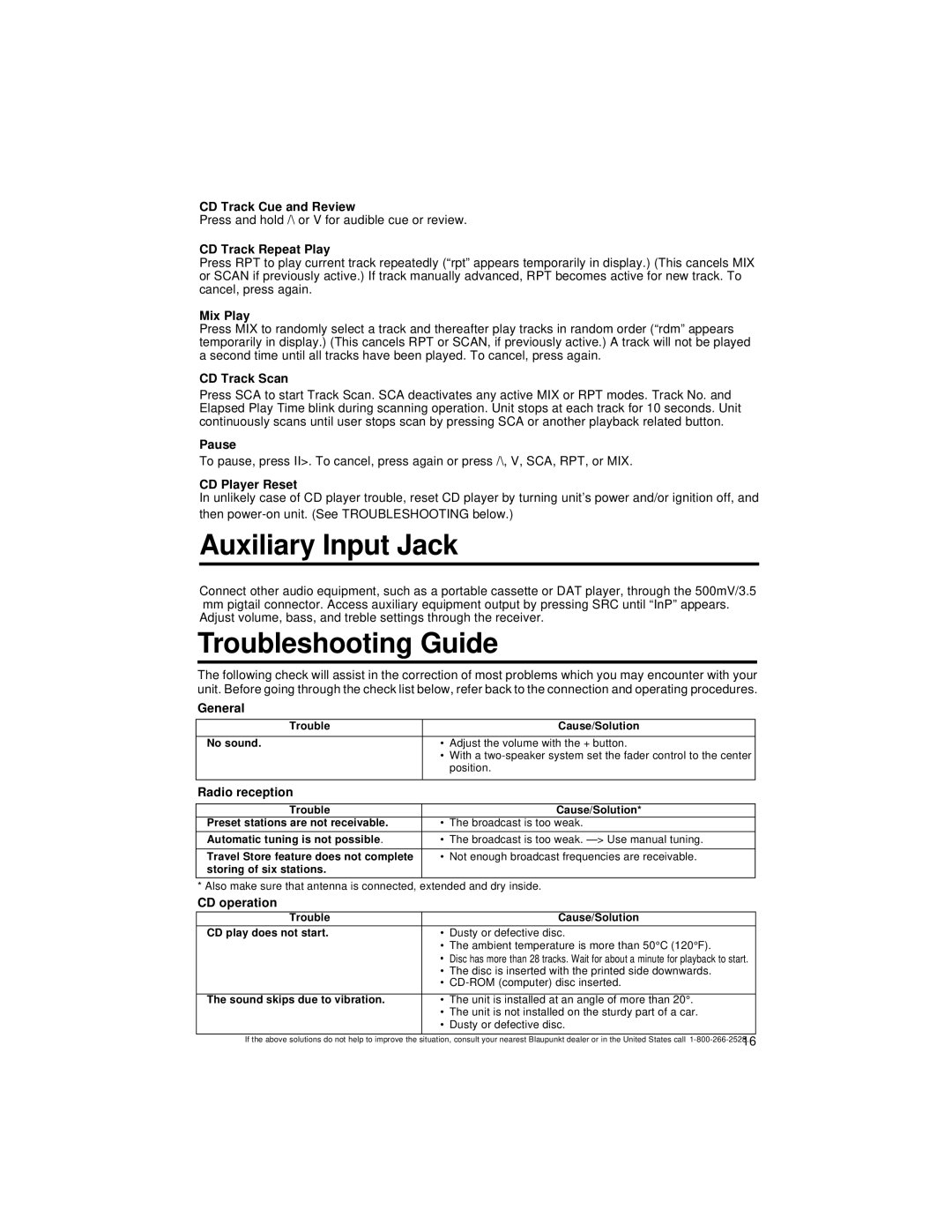 Blaupunkt CD127 manual Auxiliary Input Jack, Troubleshooting Guide 