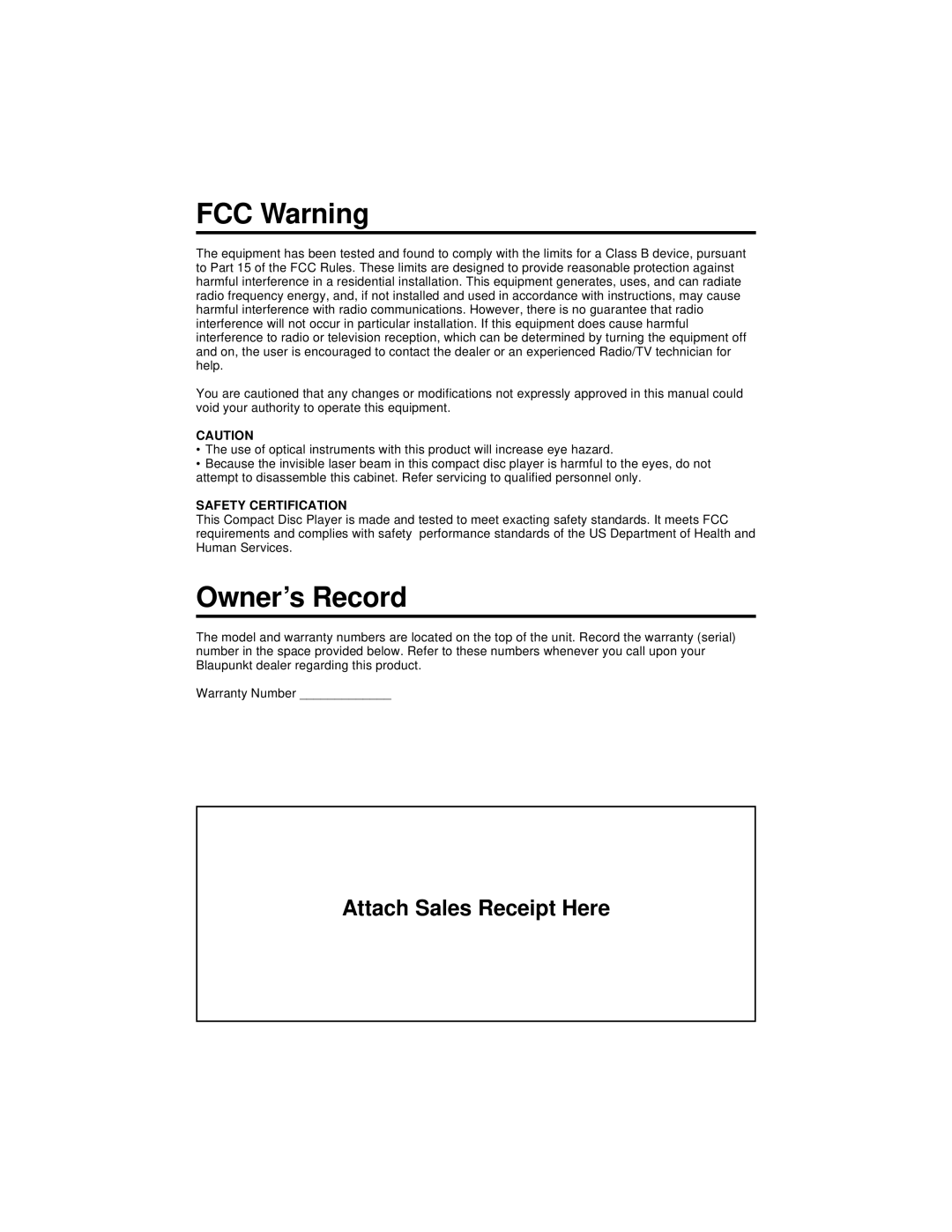 Blaupunkt CD127 manual FCC Warning, Owner’s Record 