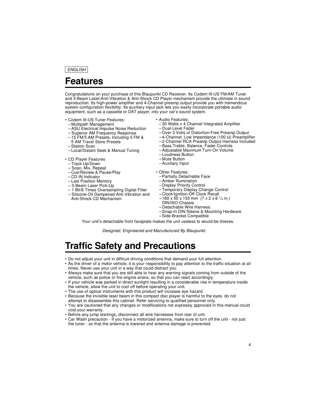 Blaupunkt CD127 manual Features, Traffic Safety and Precautions 