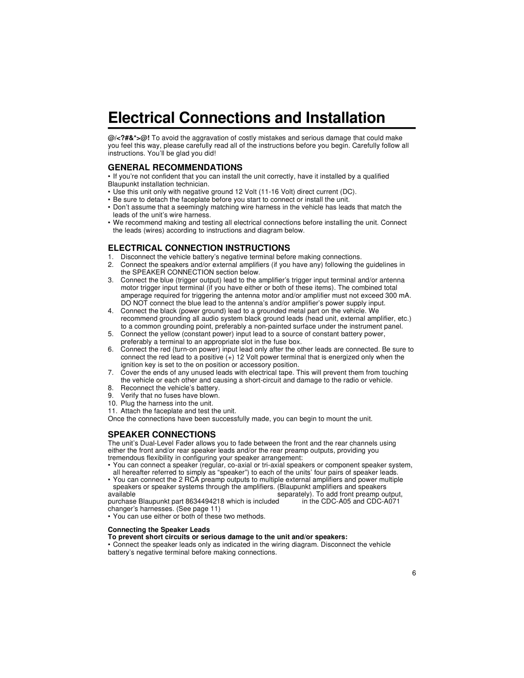 Blaupunkt CD127 manual Electrical Connections and Installation, General Recommendations 