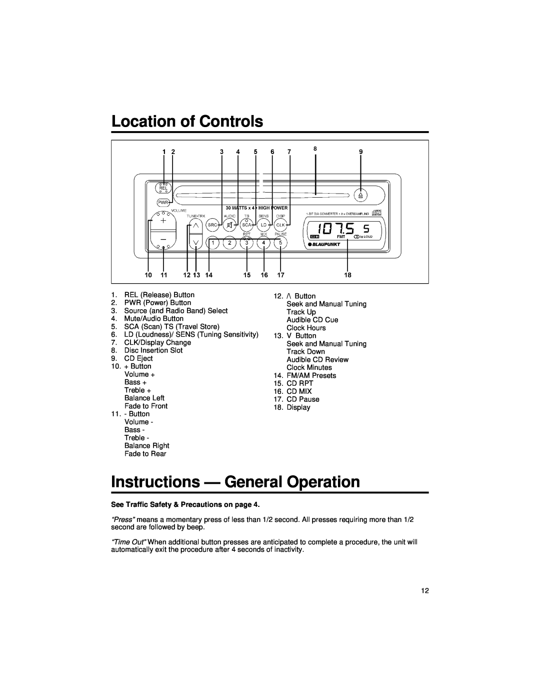 Blaupunkt CD127 manual Location of Controls, Instructions - General Operation, See Traffic Safety & Precautions on page 