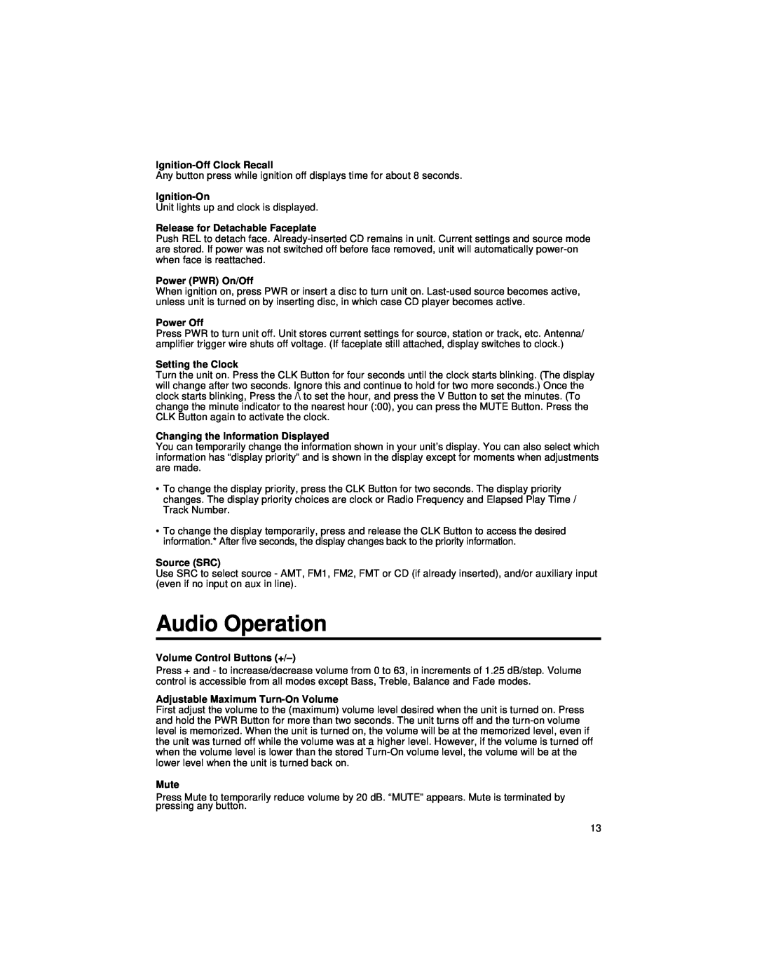 Blaupunkt CD127 manual Audio Operation 