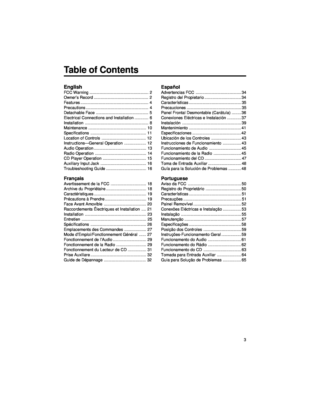 Blaupunkt CD127 manual Table of Contents, English, Español, Français, Portuguese 