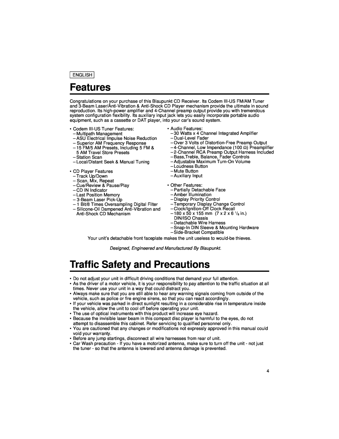 Blaupunkt CD127 manual Features, Traffic Safety and Precautions 