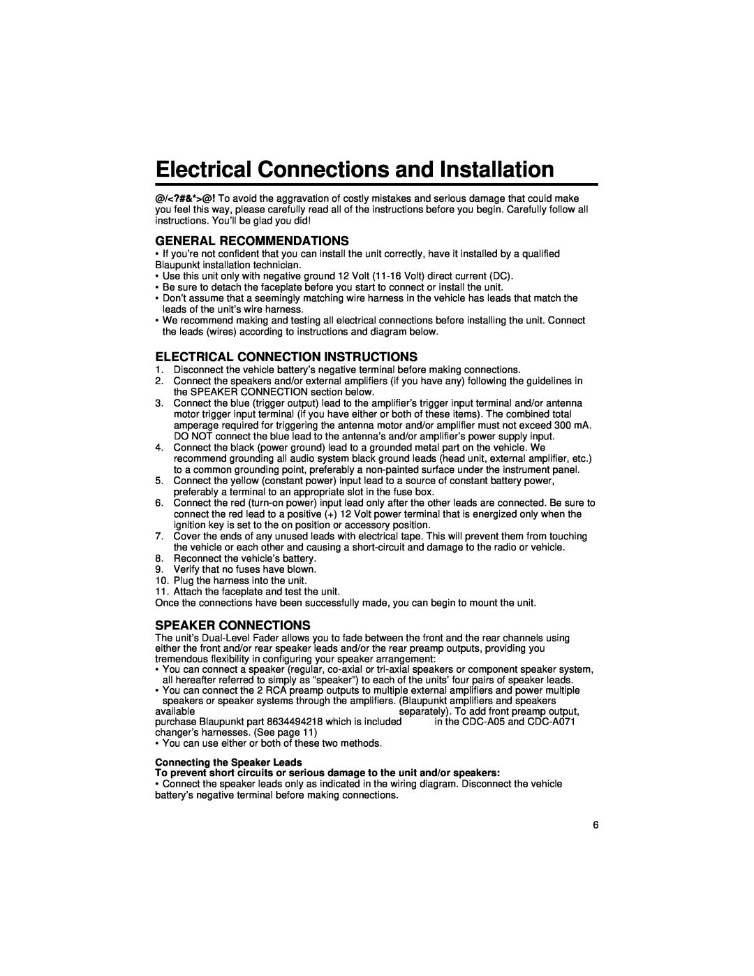 Blaupunkt CD127 manual Electrical Connections and Installation, General Recommendations, Electrical Connection Instructions 