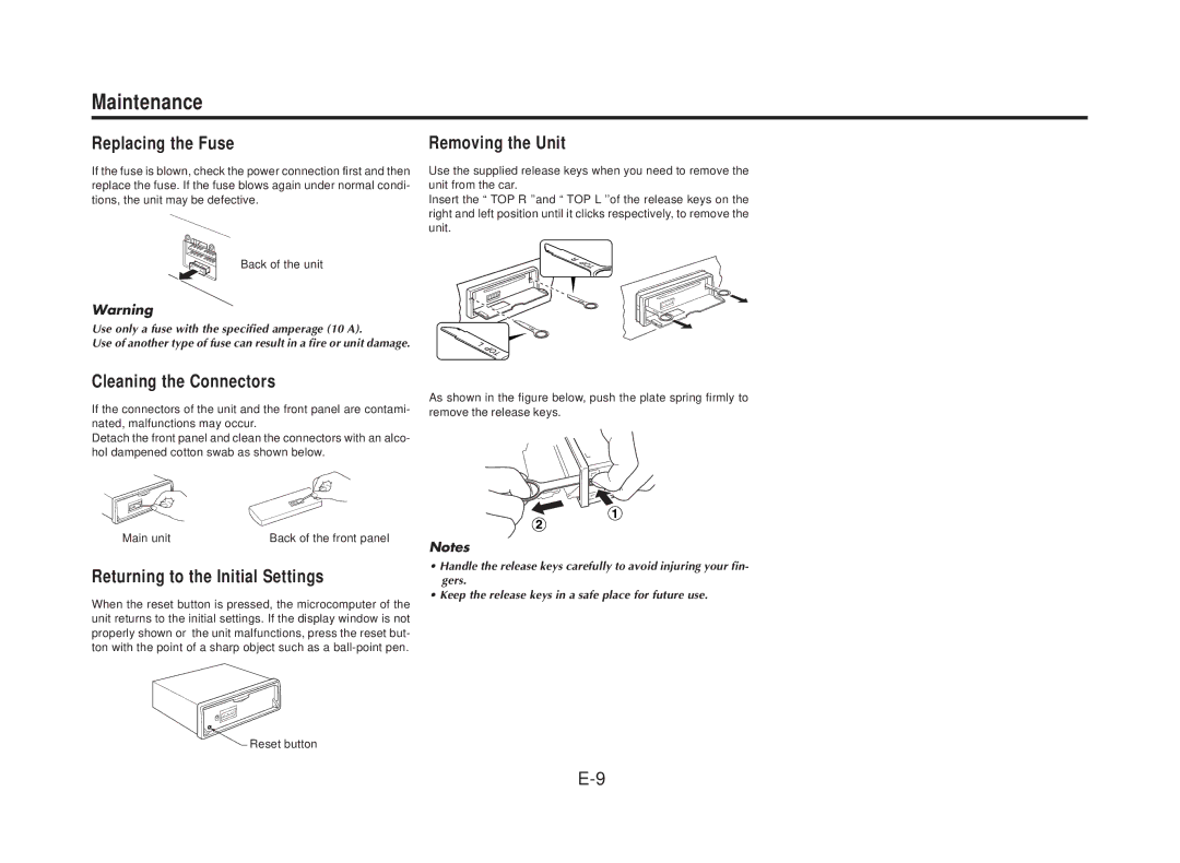 Blaupunkt CD169 manual Maintenance, Replacing the Fuse, Removing the Unit, Cleaning the Connectors 