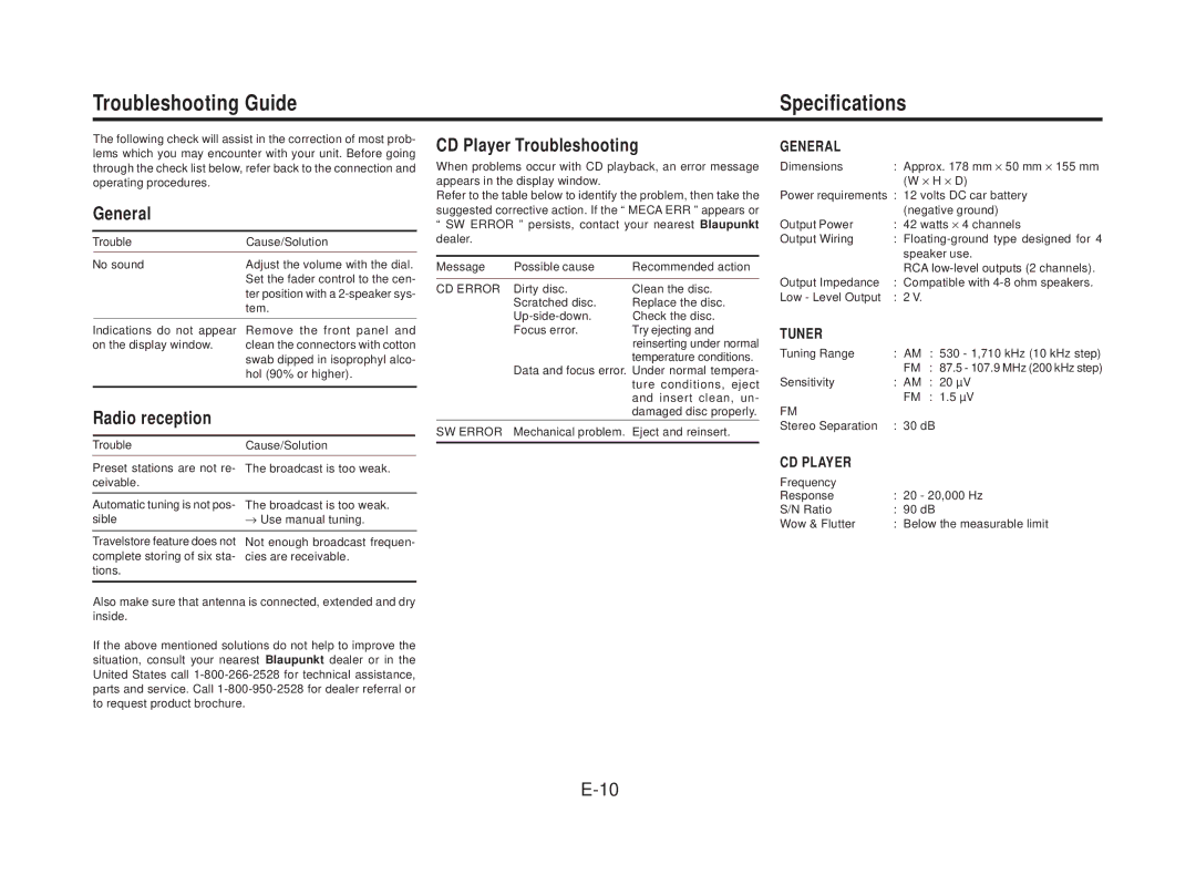 Blaupunkt CD169 manual Troubleshooting Guide Specifications, General, Radio reception, CD Player Troubleshooting 