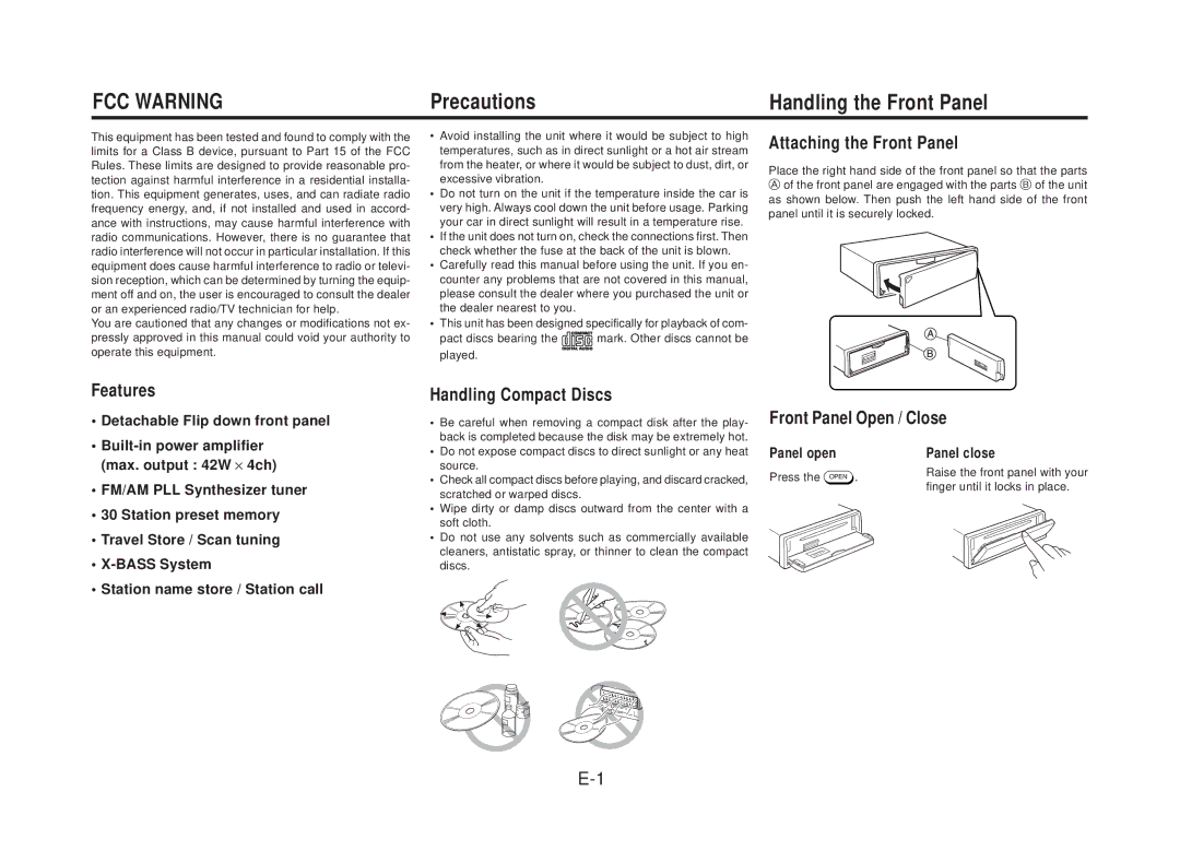 Blaupunkt CD169 manual Precautions Handling the Front Panel, Attaching the Front Panel, Front Panel Open / Close 