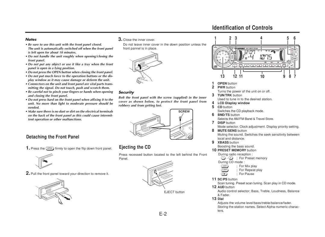 Blaupunkt CD169 manual Identification of Controls, Detaching the Front Panel, Ejecting the CD 