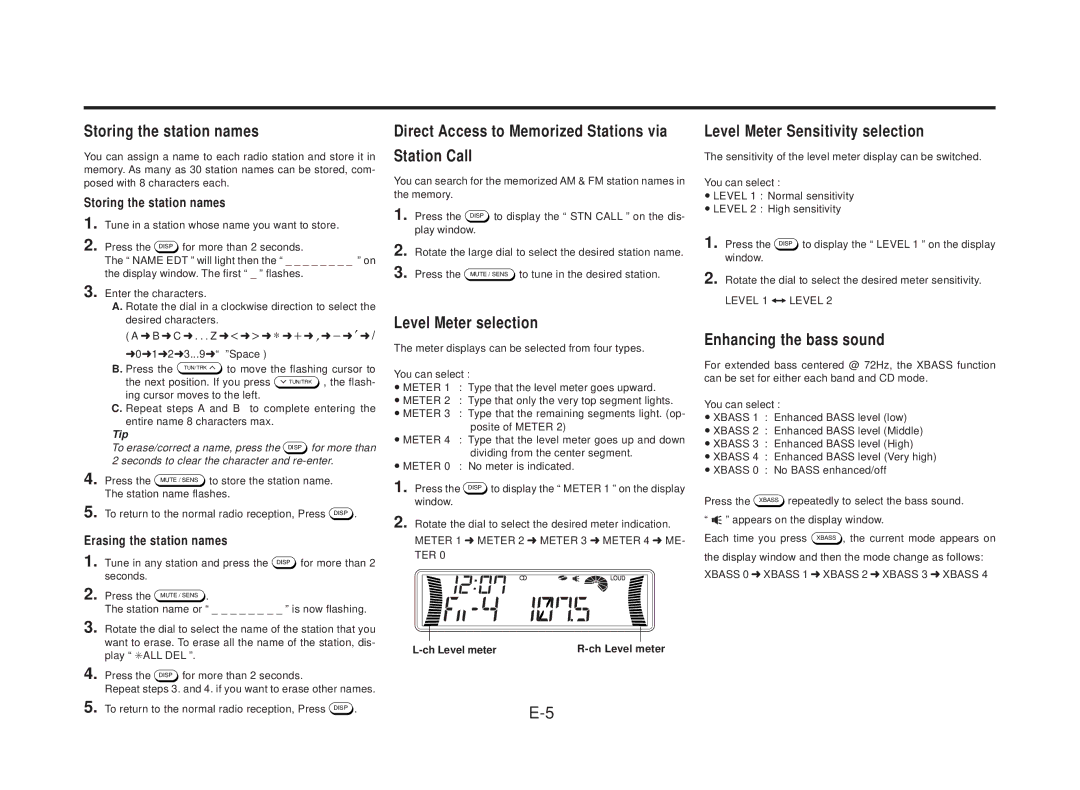 Blaupunkt CD169 Storing the station names, Direct Access to Memorized Stations via Station Call, Level Meter selection 