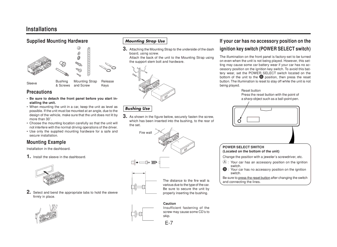 Blaupunkt CD169 manual Installations, Precautions, Mounting Example, Sleeve Bushing Mounting Strap, Screws Keys 