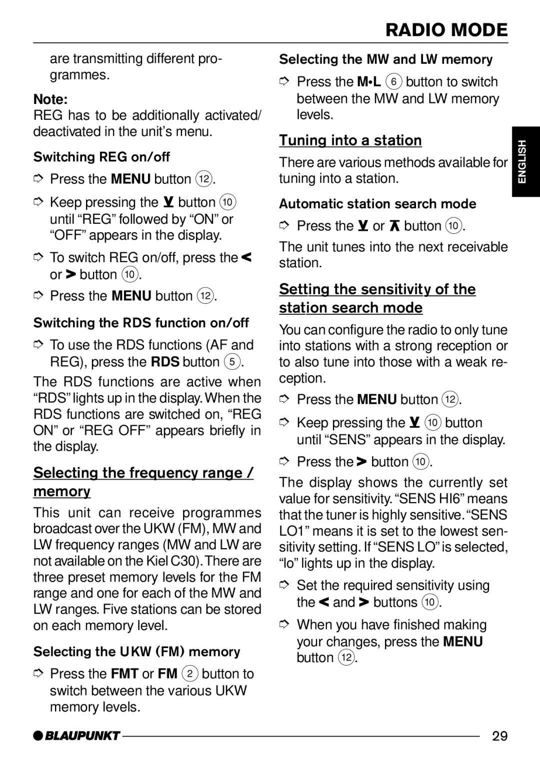 Blaupunkt CD30 operating instructions Selecting the frequency range / memory, Tuning into a station 