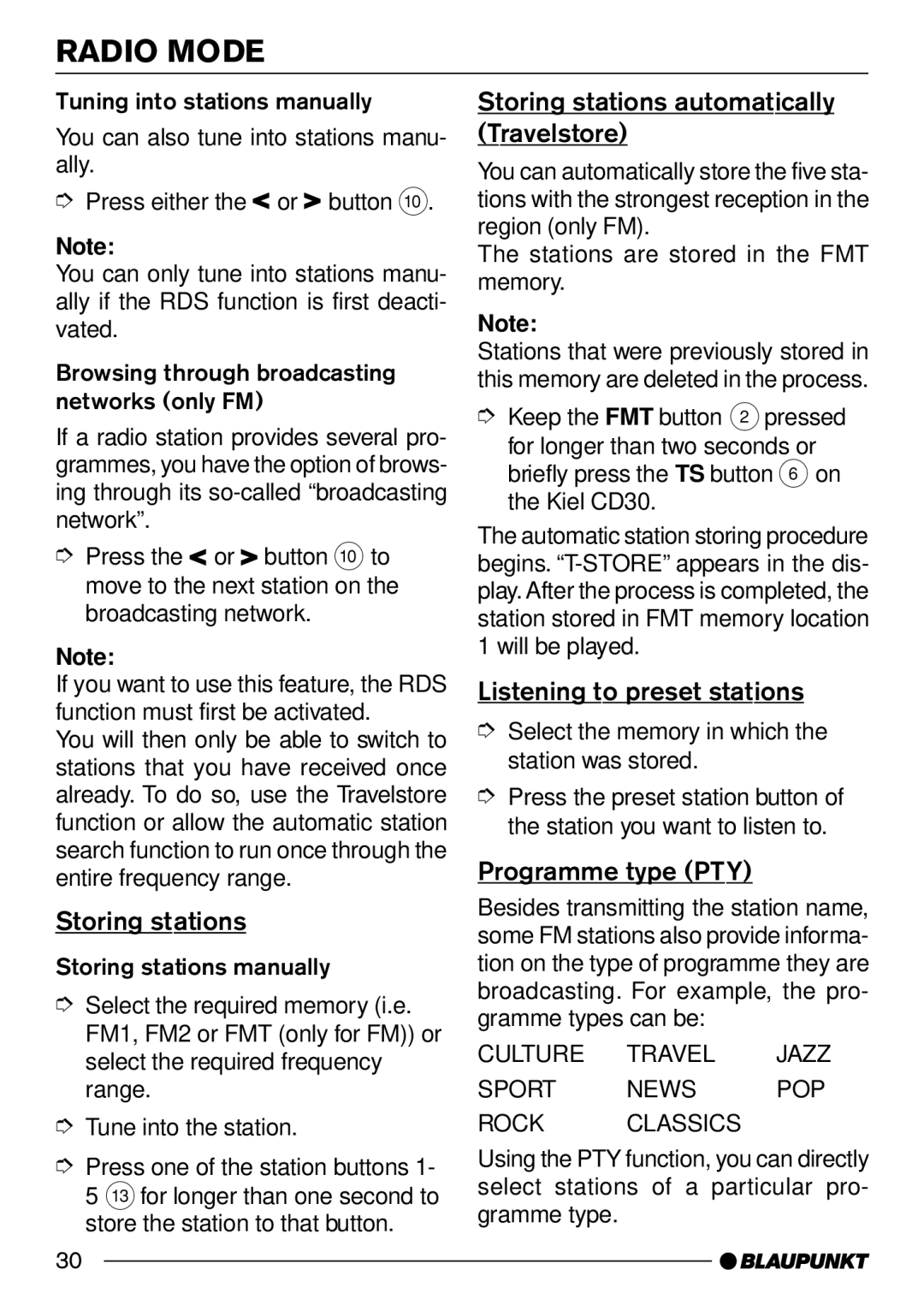 Blaupunkt CD30 Storing stations automatically Travelstore, Listening to preset stations, Programme type PTY 