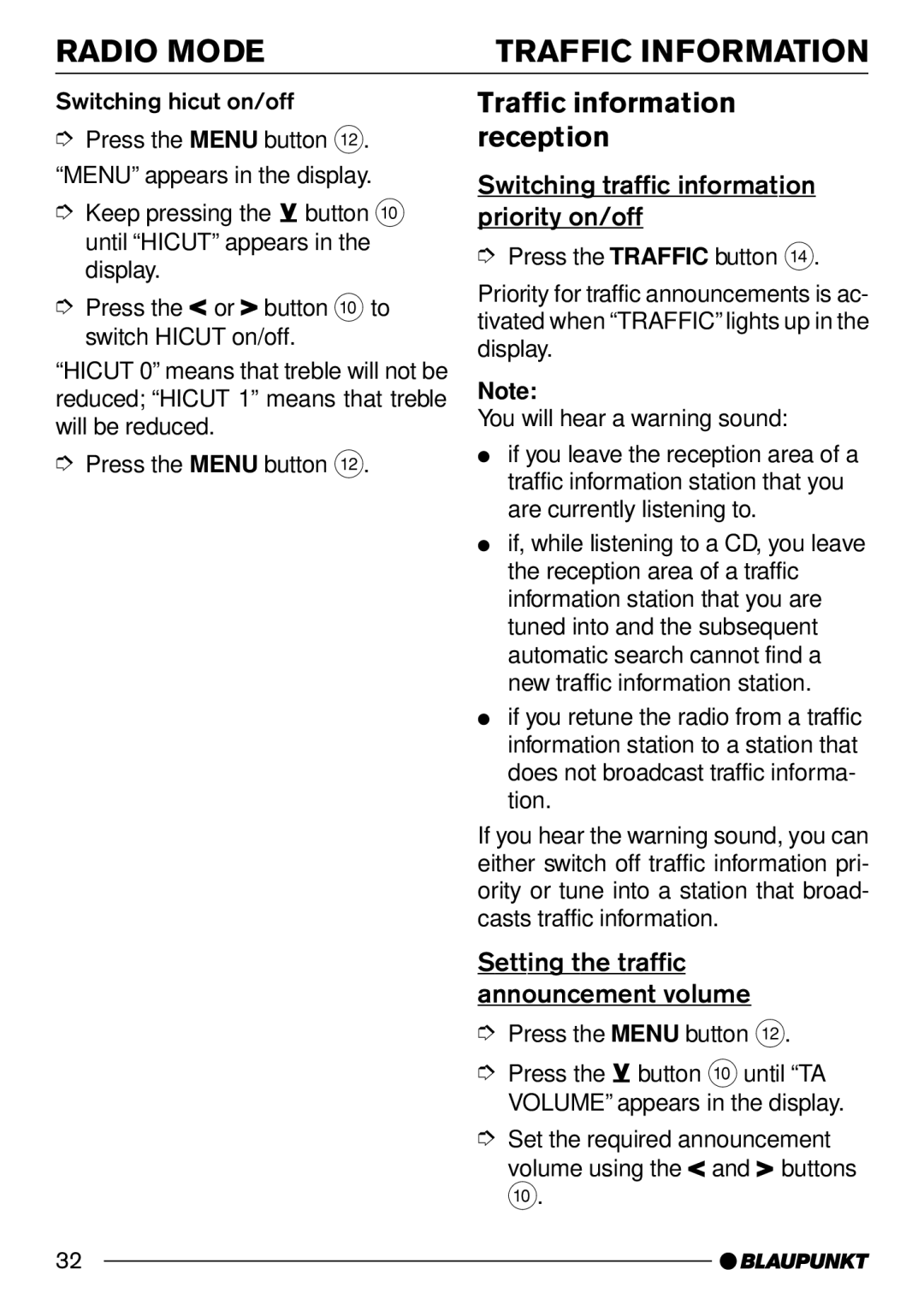 Blaupunkt CD30 Radio Mode Traffic Information, Traffic information reception, Setting the traffic announcement volume 